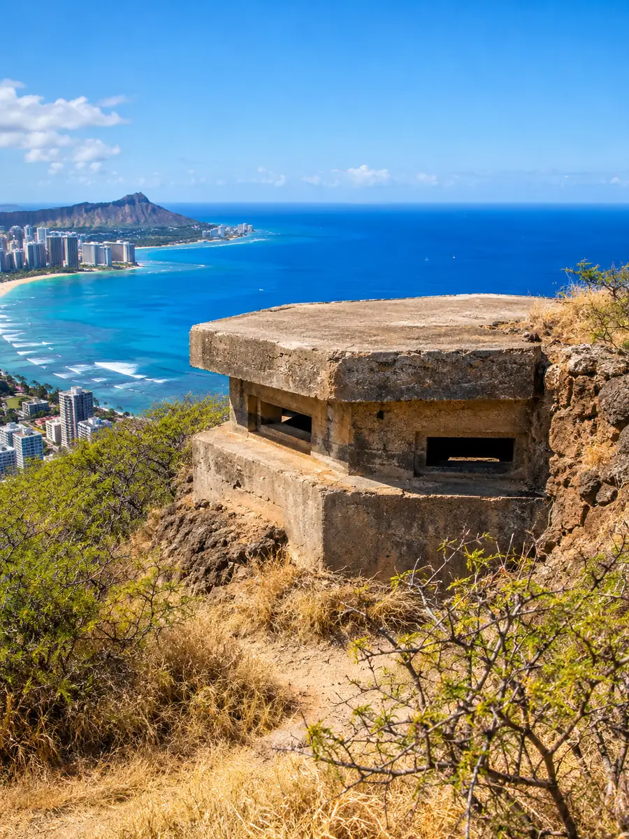 The old concrete bunker on the Diamond Head summit with the ocean and Waikiki behind