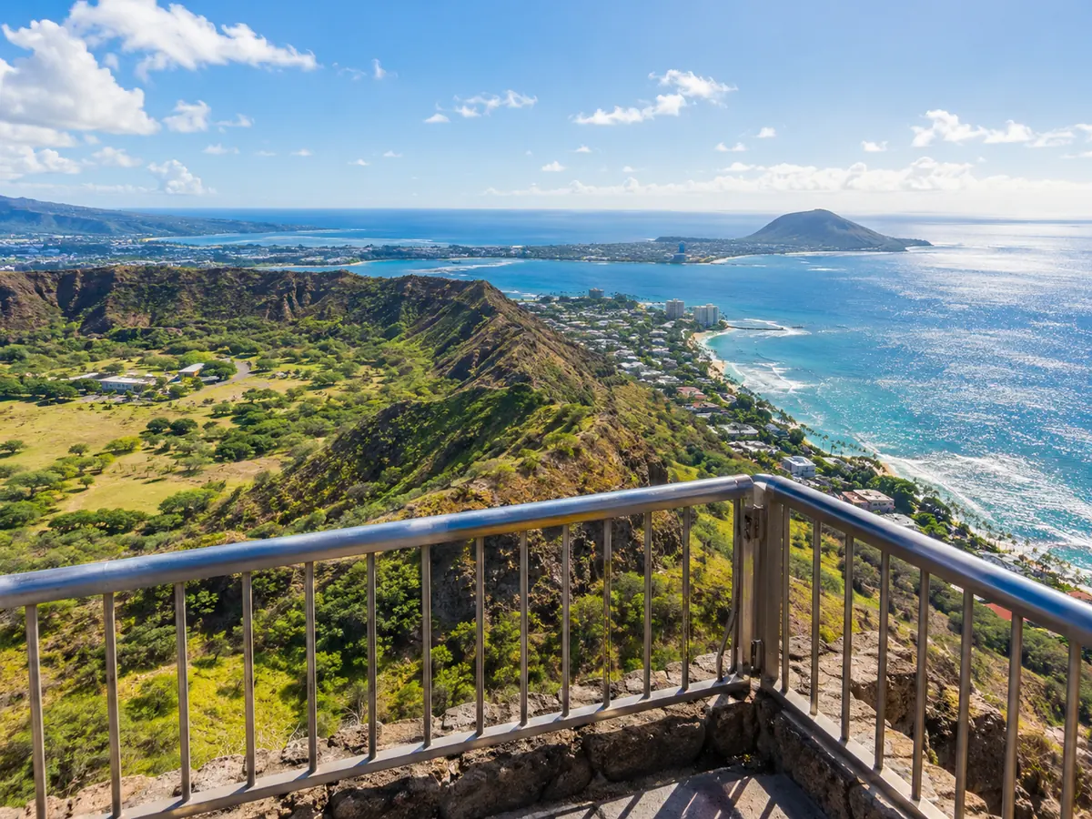 The view from the Diamond Head summit lookout over the crater rim to Kahala and Koko Head