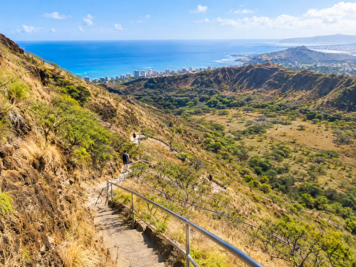 The Diamond Head summit trail zigzagging up the inside of the crater wall
