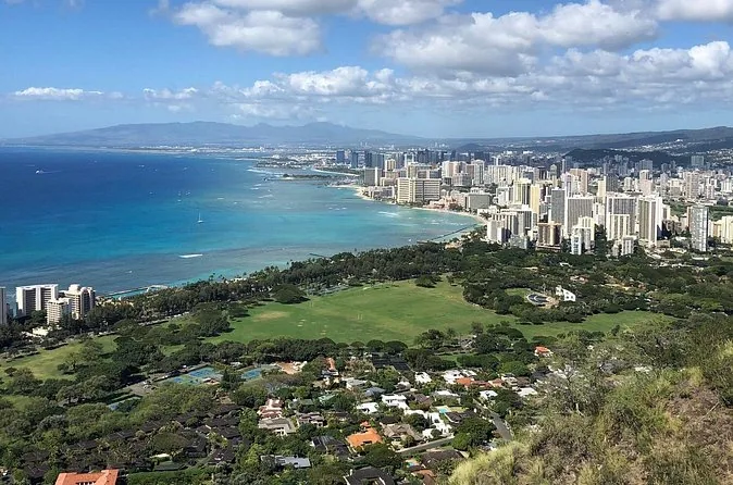 The view from the summit toward Waikiki in soft early light